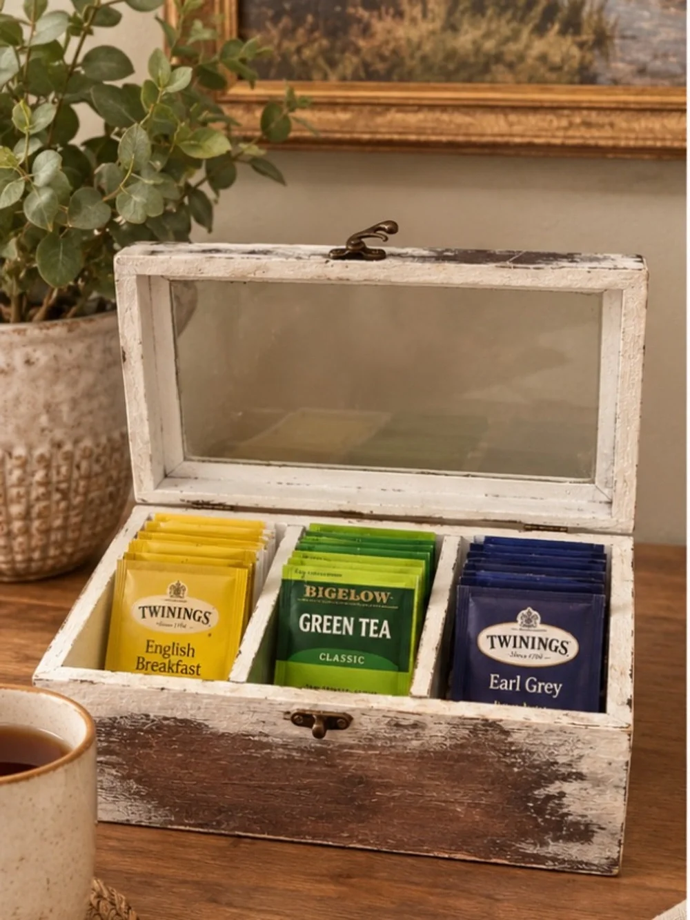 Tea Hot Cocoa Packet Organizer Box - Distressed White Wood Keepsake Glass Top